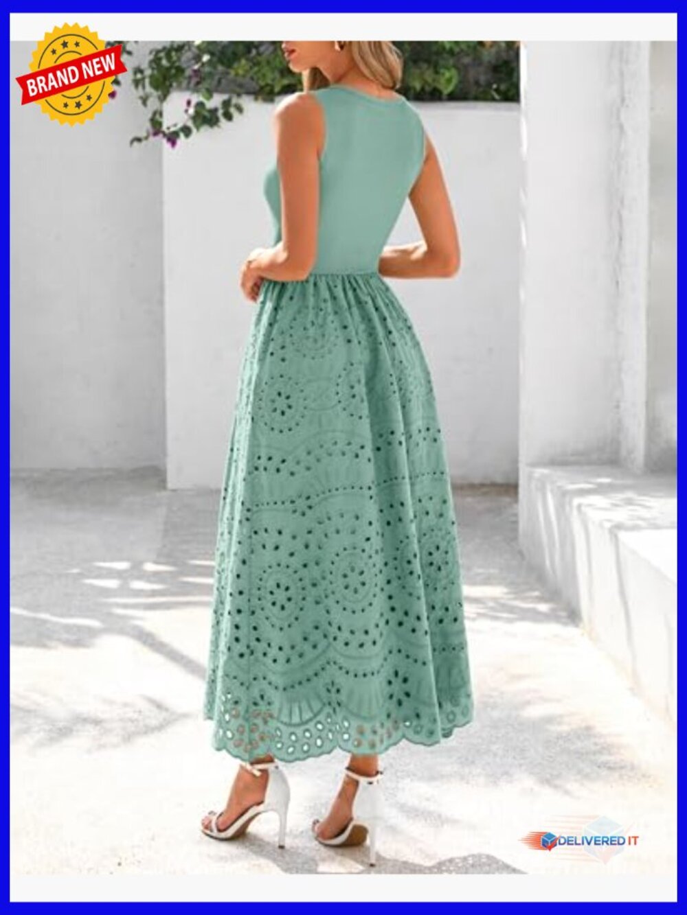 Sleeveless Crewneck A-Line Boho Lace Eyelet Cotton Tank Maxi Dress with Pockets - Picture 5 of 7